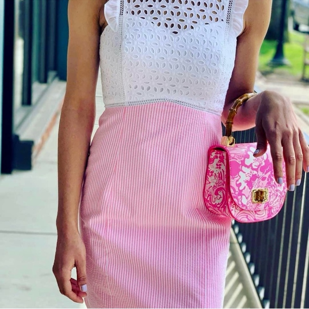 Lilly Pulitzer Maya Shift Dress Pink Tropics Seersucker Eyelet Ruffled Lace Sz 0 - Picture 5 of 10